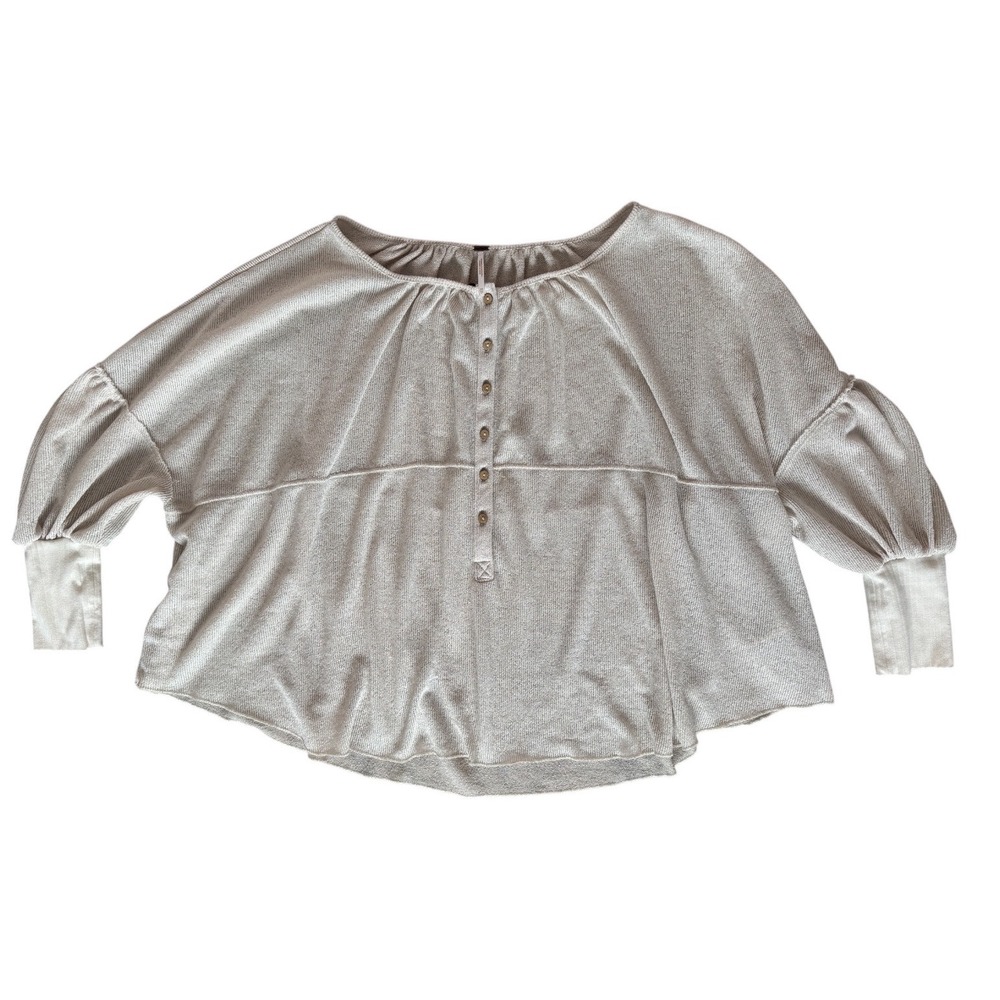 Free People Oversized Knit Balloon Sleeve Blue Bell‎ Henley XS Beige Long Sleeve - Picture 2 of 14